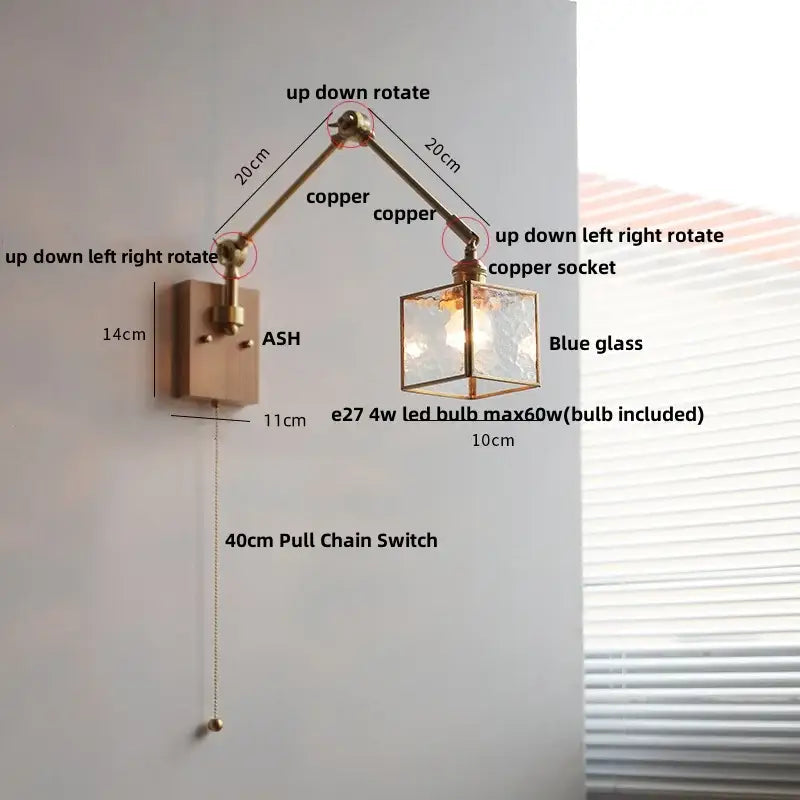 Ash wood led swing arm wall lamp with blue glass bedroom sconce