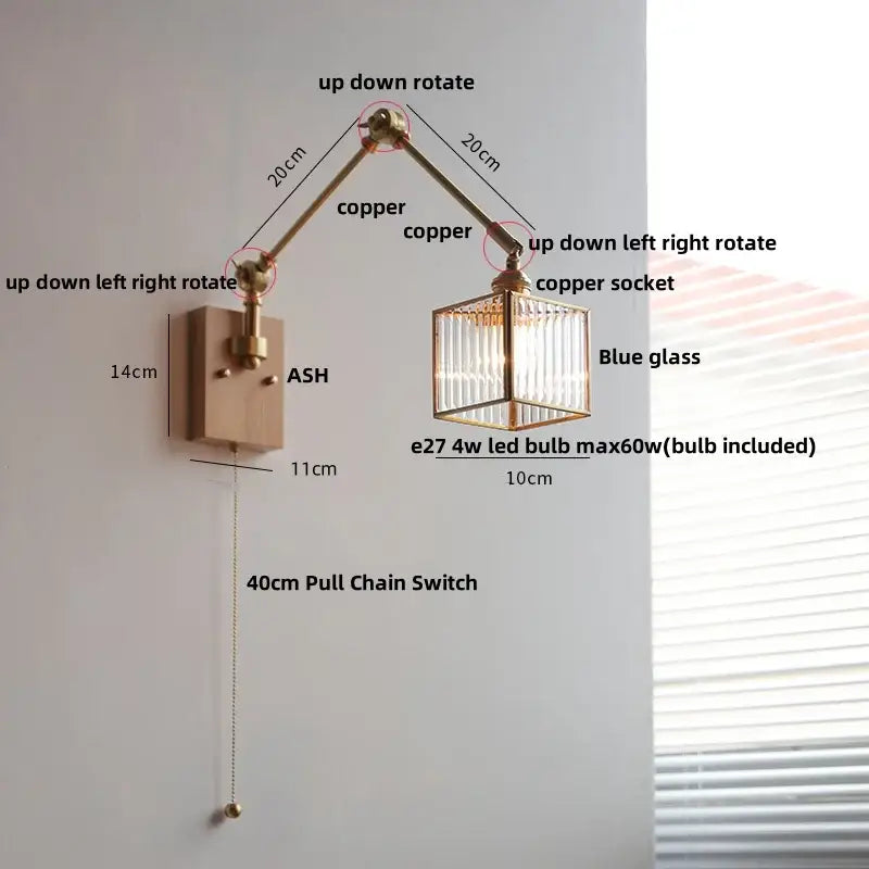 Ash wood led swing arm wall lamp with blue glass bedroom sconce
