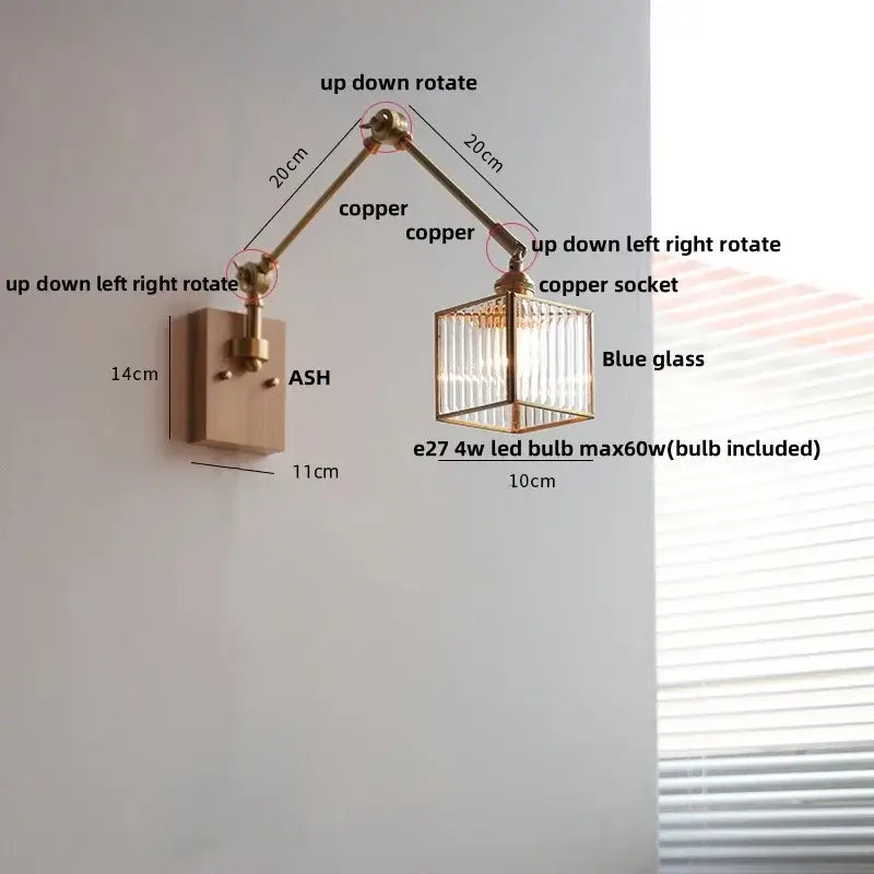 Ash wood led swing arm wall lamp with blue glass bedroom sconce