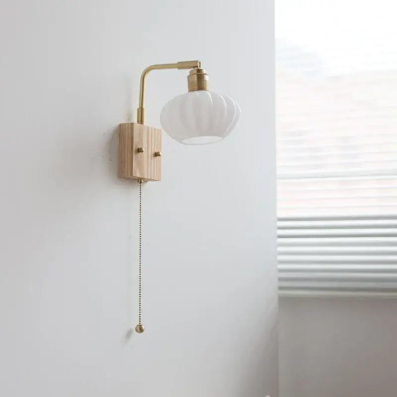 Modern brass and ash wood led wall light bedroom glass sconce