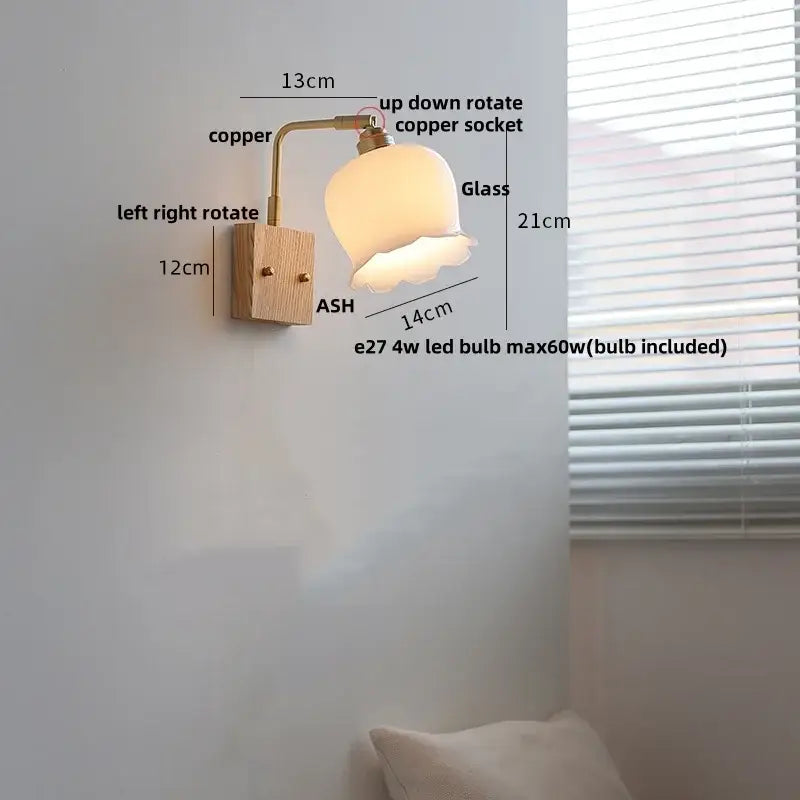 Modern brass and ash wood led wall light bedroom glass sconce