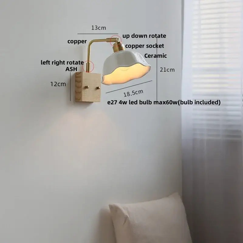 Modern brass and ash wood led wall light bedroom glass sconce