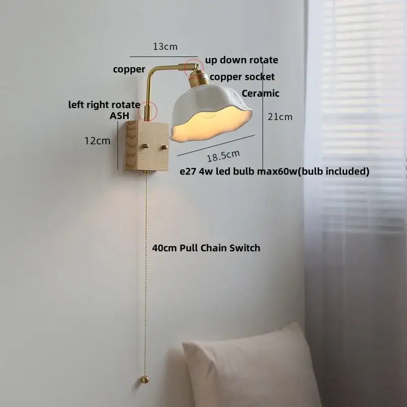Modern brass and ash wood led wall light bedroom glass sconce