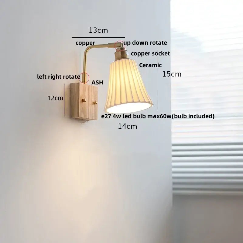 Modern brass and ash wood led wall light bedroom glass sconce