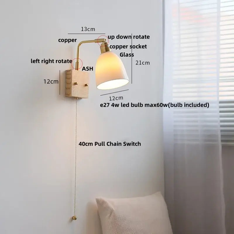 Modern brass and ash wood led wall light bedroom glass sconce