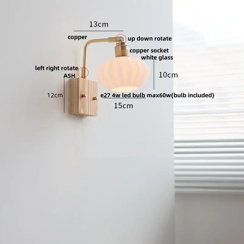 Modern brass and ash wood led wall light bedroom glass sconce