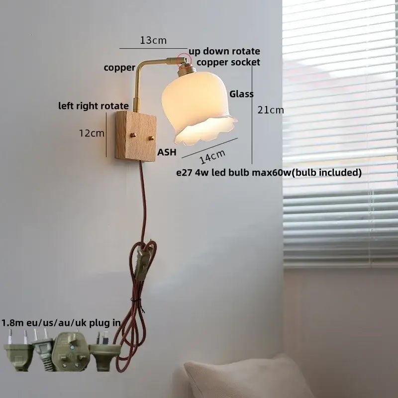 Modern brass and ash wood led wall light bedroom glass sconce
