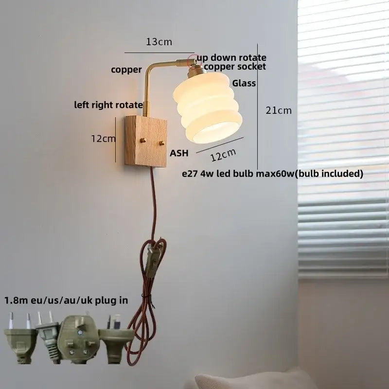 Modern brass and ash wood led wall light bedroom glass sconce