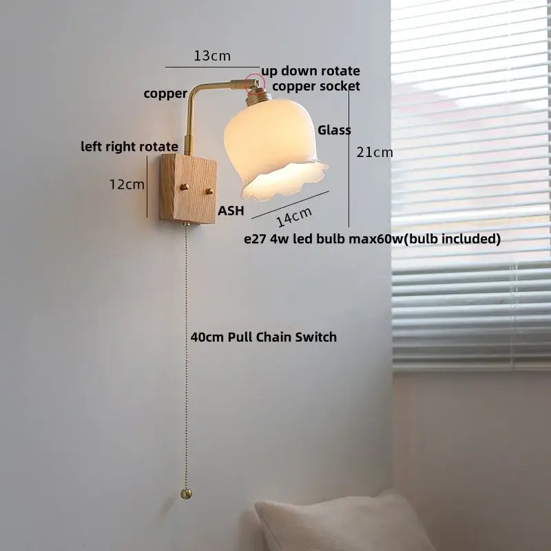 Modern brass and ash wood led wall light bedroom glass sconce