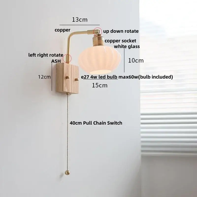 Modern brass and ash wood led wall light bedroom glass sconce