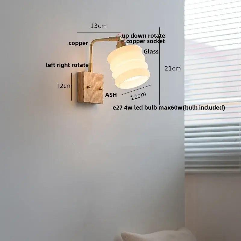 Modern brass and ash wood led wall light bedroom glass sconce