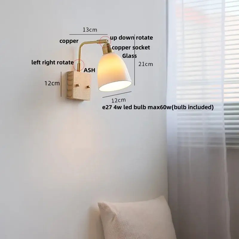Modern brass and ash wood led wall light bedroom glass sconce