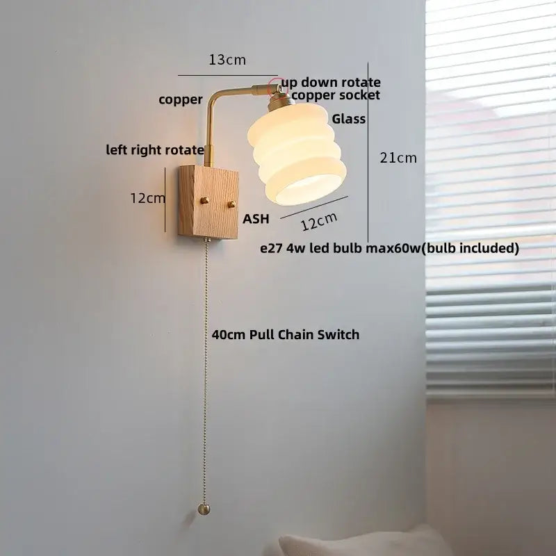 Modern brass and ash wood led wall light bedroom glass sconce
