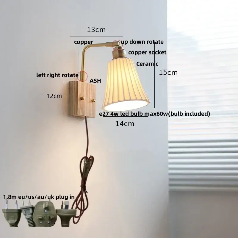 Modern brass and ash wood led wall light bedroom glass sconce
