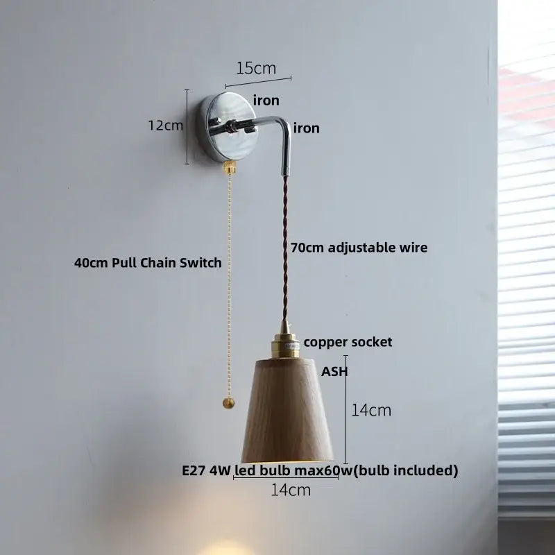 Japanese ash wood led wall light bedroom pull chain lamp