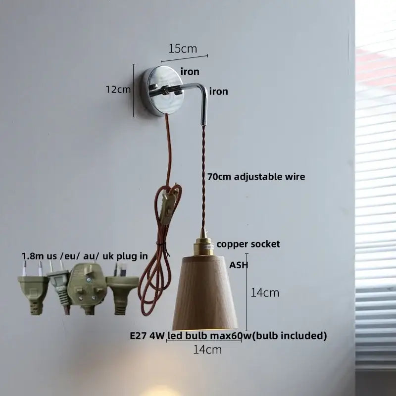 Japanese ash wood led wall light bedroom pull chain lamp