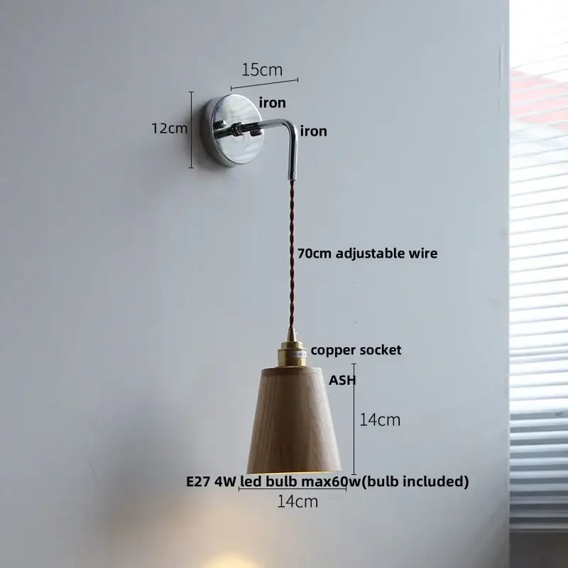 Japanese ash wood led wall light bedroom pull chain lamp