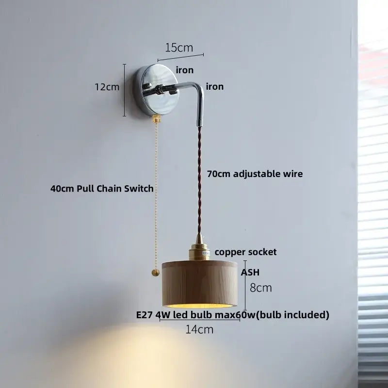 Japanese ash wood led wall light bedroom pull chain lamp