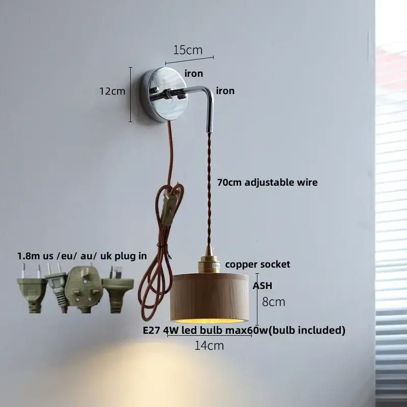Japanese ash wood led wall light bedroom pull chain lamp