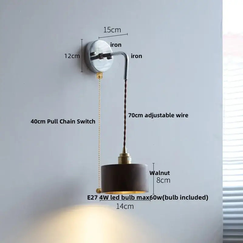 Japanese ash wood led wall light bedroom pull chain lamp