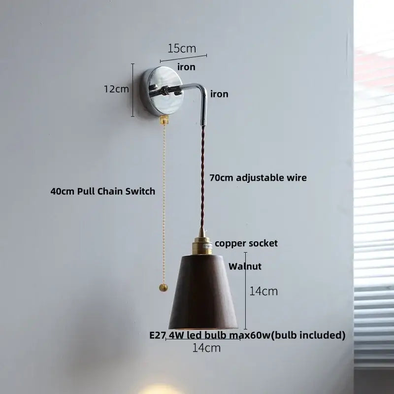 Japanese ash wood led wall light bedroom pull chain lamp