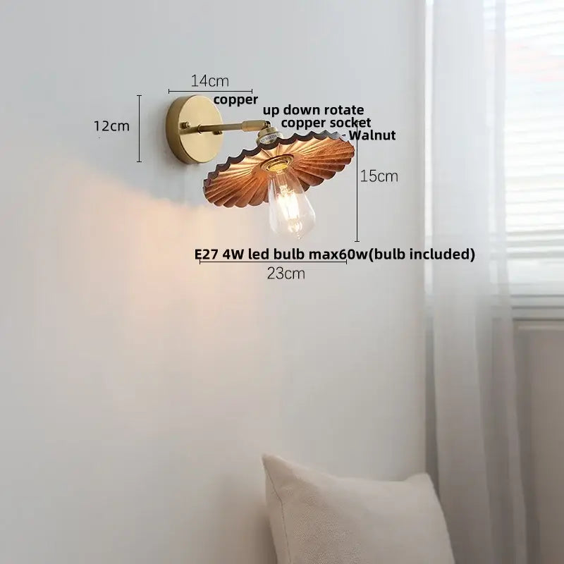 Vintage brass and ash wood led wall light – bedroom scalloped sconce