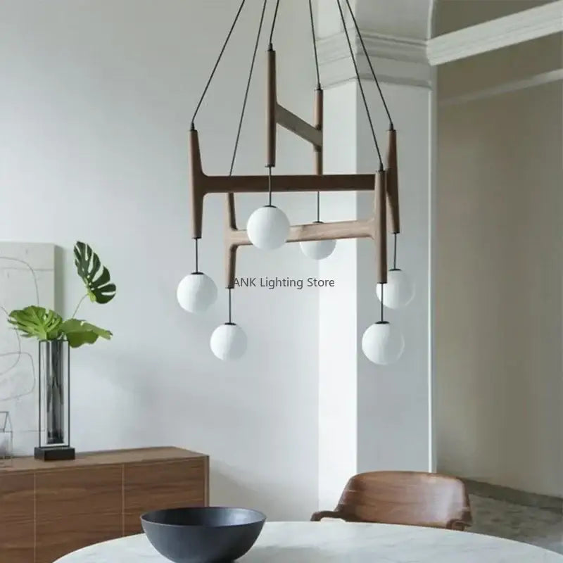 Modern astra wood pendant light with white glass shades dining room