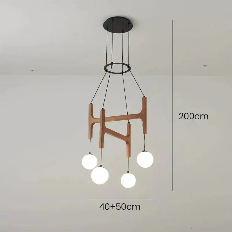 Modern astra wood pendant light with white glass shades dining room