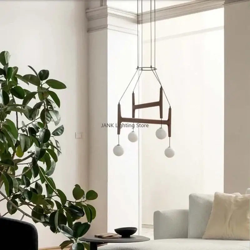 Modern astra wood pendant light with white glass shades dining room