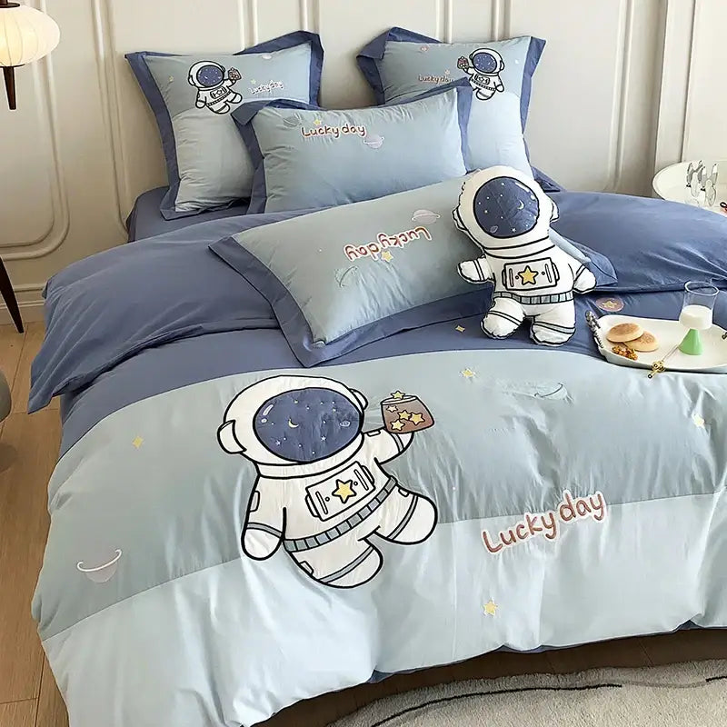 Astronaut cartoon embroidery light blue cotton bedding set bedroom