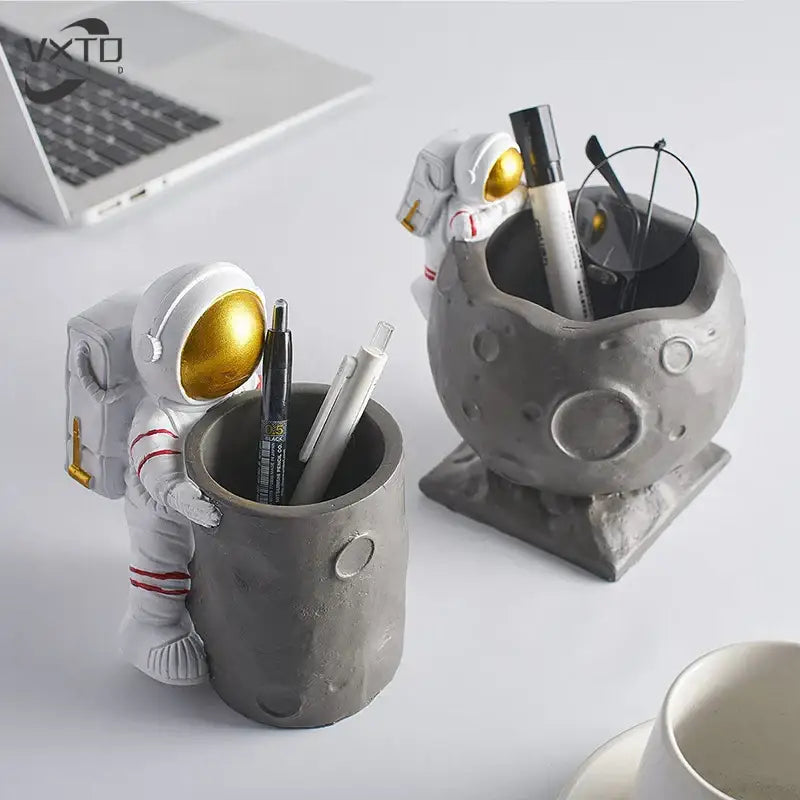 Astronaut white & gold moon pen holder figurines for office desk