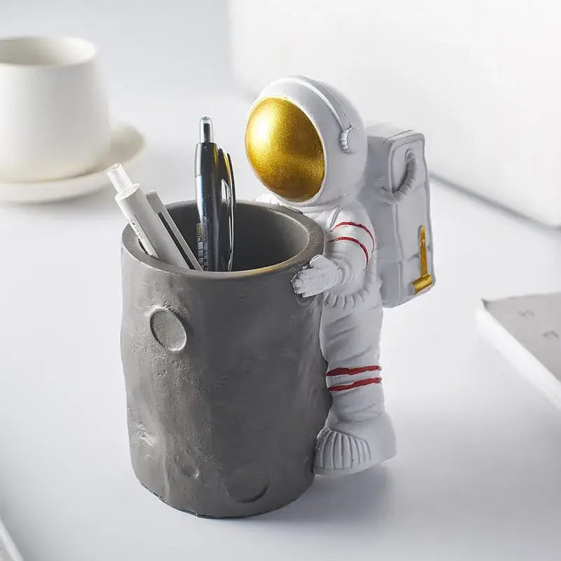 Astronaut white & gold moon pen holder figurines for office desk