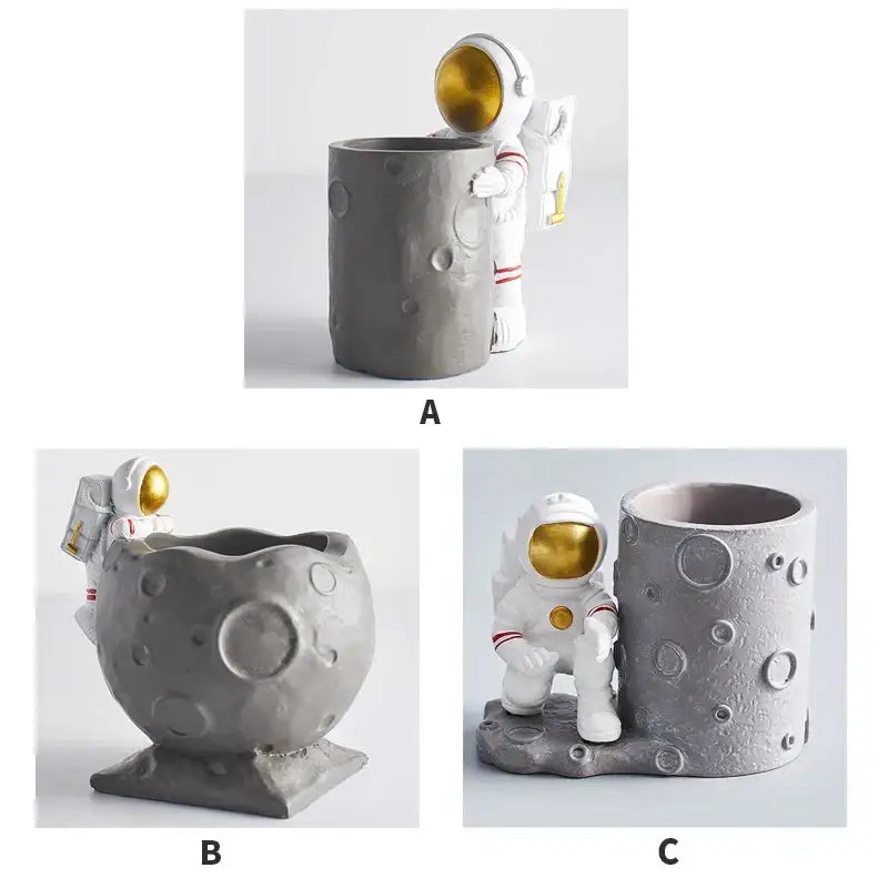 Astronaut white & gold moon pen holder figurines for office desk