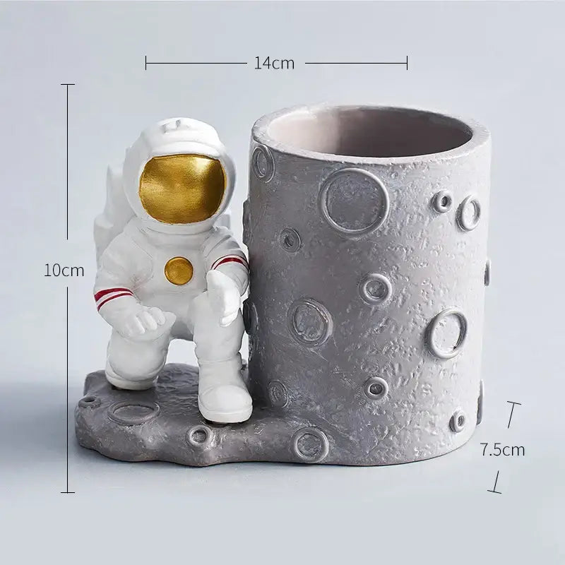 Astronaut white & gold moon pen holder figurines for office desk
