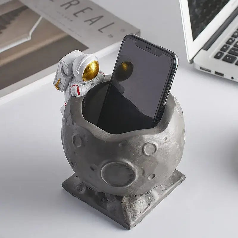 Astronaut white & gold moon pen holder figurines for office desk