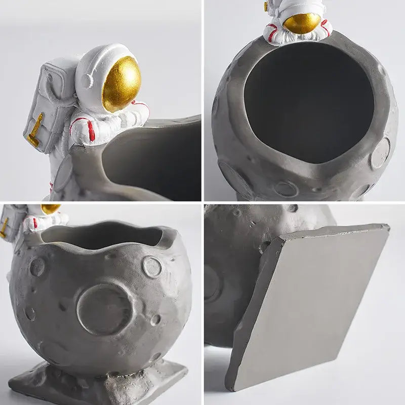 Astronaut white & gold moon pen holder figurines for office desk