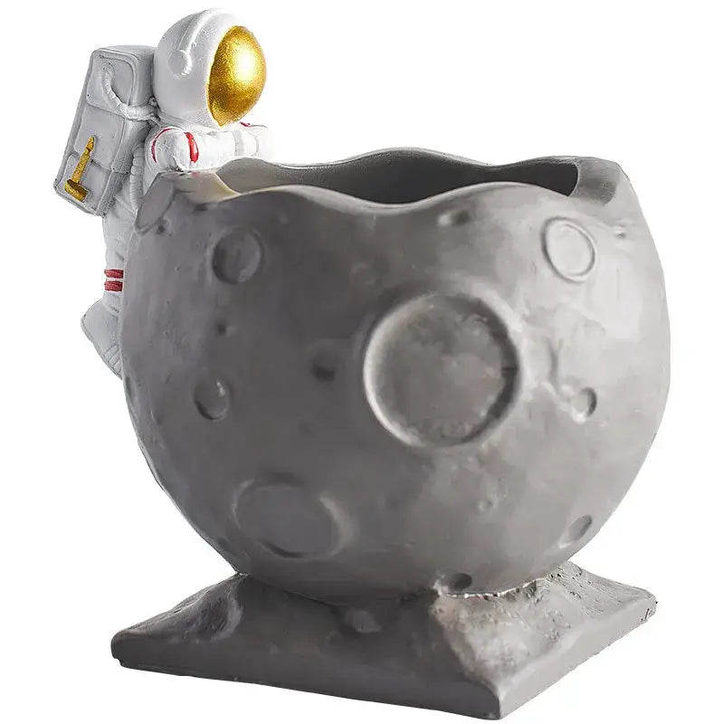 Astronaut white & gold moon pen holder figurines for office desk