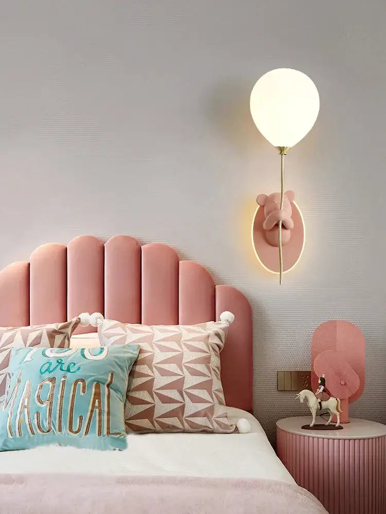 Pink & yellow bear artistic kids wall lamp bedroom balloon sconce