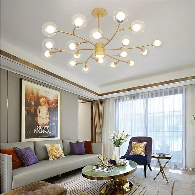 Nordic gold & black glass ball molecule chandelier dining room light