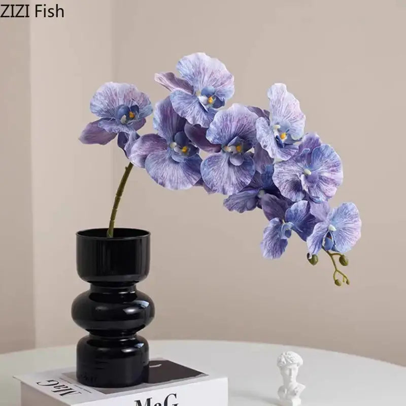 Modern purple & blue orchid artificial flowers in black glass vase living room decor