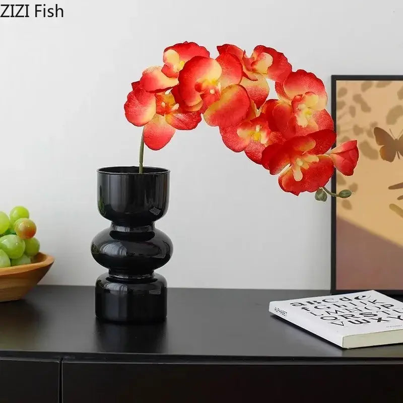 Modern purple & blue orchid artificial flowers in black glass vase living room decor
