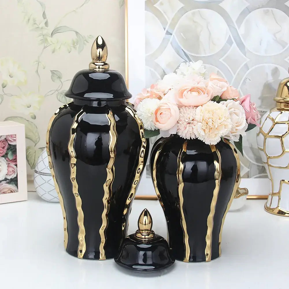 Vintage black & gold ceramic pot vintage bottle flower vase living room