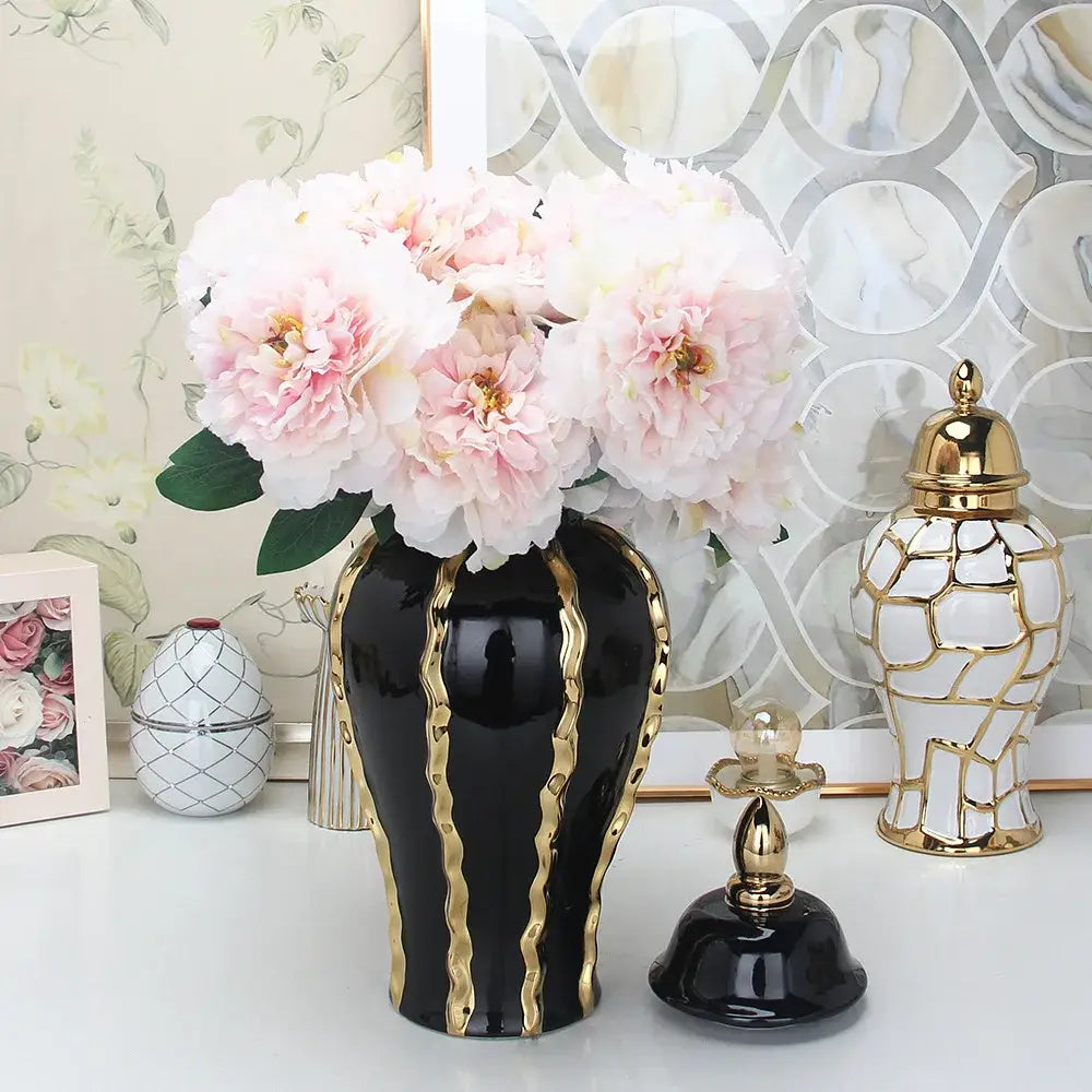 Vintage black & gold ceramic pot vintage bottle flower vase living room