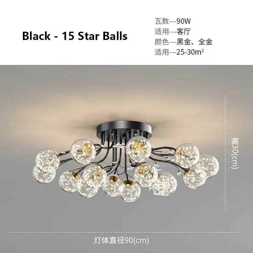 Decorbites black gold chandelier clear star glass dining room light