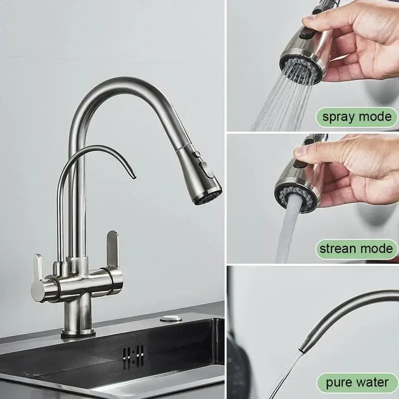 Modern black & gold filter kitchen faucet with dual spout