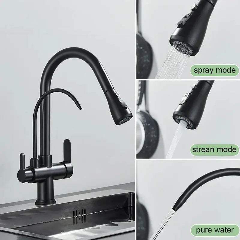 Modern black & gold filter kitchen faucet with dual spout