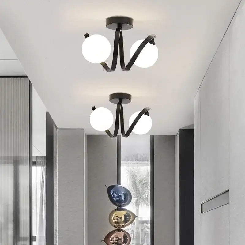 Modern black & gold glass ceiling light entryway twisted metal arms
