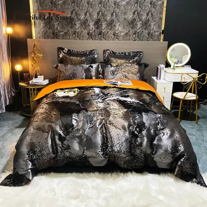 Black gold jacquard egyptian cotton bedding set bedroom duvet cover