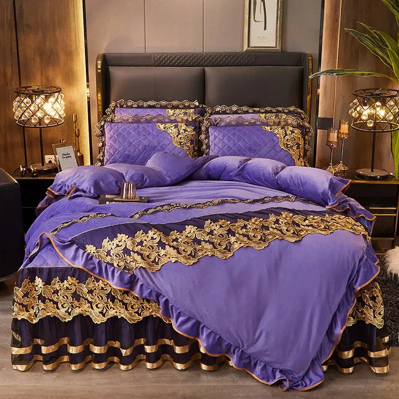 Luxury navy & gold lace duvet bedroom set with quilted embroidery