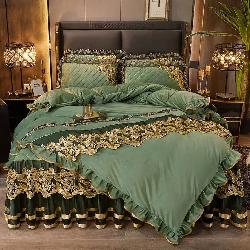 Luxury navy & gold lace duvet bedroom set with quilted embroidery